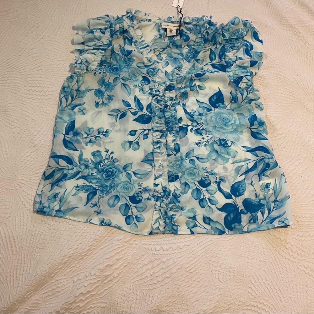 Cupcakes and Cashmere Floral Blue Ruffle Top